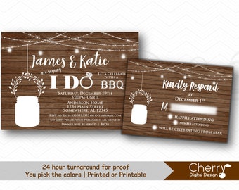 Mason Jar Rustic Wood I Do BBQ Wedding Invitation Suite | 2 piece wedding Invitation Set | Printed or Printable | RSVP & Invitation