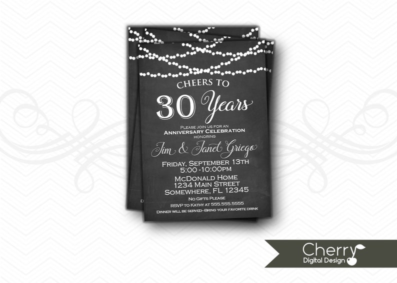 Cheers to 30 Years 30th Anniversary Party Invitations. PRINTED or PRINTABLE Anniversary Invite Chalkboard & white. 40th 50th 60th 20th 25th image 2