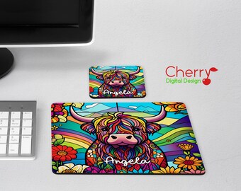 Highland Cow Mousepad Stained Glass Effect 2 piece Personalized Desk Set with Rubber Coaster & Mouse Pad