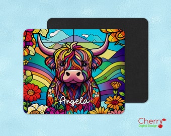Highland Cow Mousepad Stained Glass effect  Personalized Rubber Mouse Pad | Cows