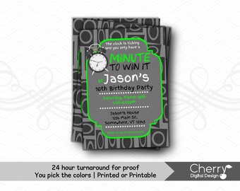 Minute to Win it Birthday Party Invitations | Printed or Printable Green Gray Black White