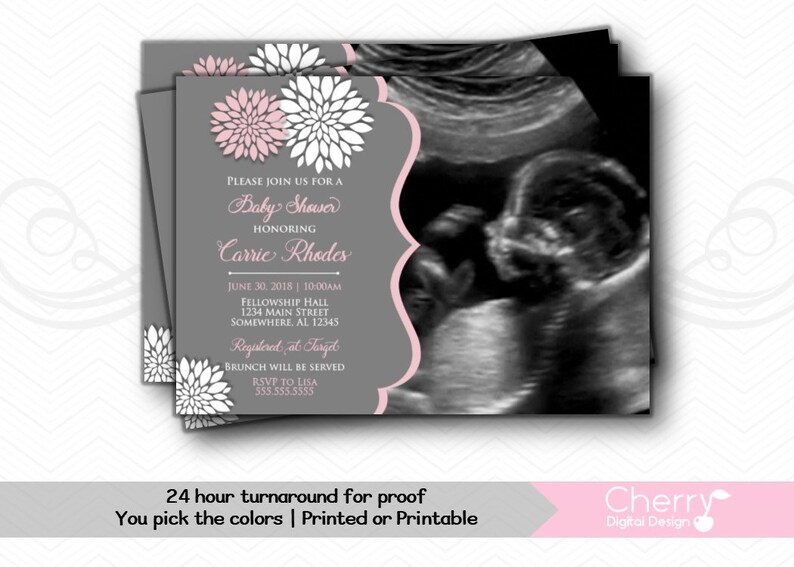 Ultrasound Baby Shower Invitation Fl Pink Gray Printed Or Printable Girl Pom Flower New