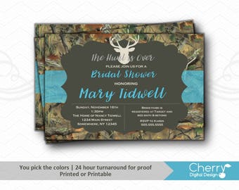 Camo & Turquoise Bridal Shower Invitations | Printed or Printable Invitation | Deer Antler Invite