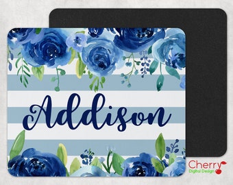 Blue Stripe Watercolor Floral Personalized Rubber Mouse Pad