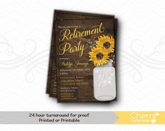 Sunflower Mason Jar Retirement Party Invitations | Printed or Printable Rustic Wood Sunflower Invites