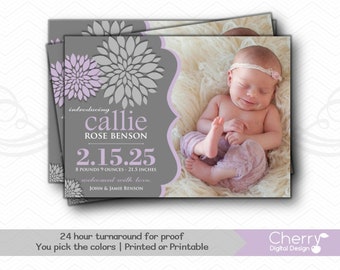 Baby Announcement | Pom Pom Flower Purple Gray | Printed or Printable Baby Card with Picture | Newborn Announcements | New Baby