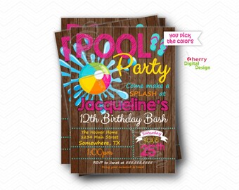 Birthday Pool Party Invitations.  Printable or Printed Birthday Invites  Summer Birthday Water slide invite Pink, Blue, Yellow Girl