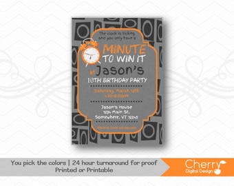 Minute to Win It Printable or Printed  Birthday Invitations. Orange Black Gray Boy's Birthday Invite. DIY Birthday Invitation.  PDF invite.