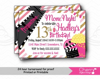 Movie Night Girl Birthday Party Invitations | PRINTABLE or PRINTED | Pink Black Gold White