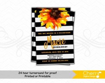 Black White Stripe Sunflower Graduation Party Invitations | Printed or Printable
