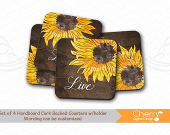 Set of 4 Hardboard Inspirational Sunflower Coasters | Coaster Gift Set with holder | Live Love Laugh Dream