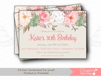 Beautiful Floral Birthday Party Invitations | Printed or Printable Birthday Invitation | Pink Roses Floral | For her