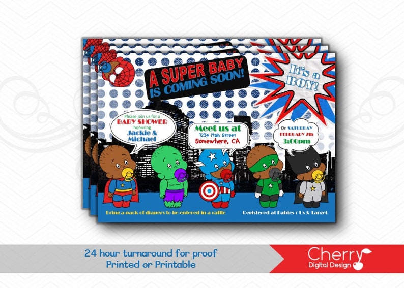 Tremendous Hero Youngster Shower Invites Published or Printable SuperHero Youngster Shower Invitation African American Little one Shower Invitations for Boy picture regarding Free Printable Superhero Baby Shower Invitations named Tremendous Hero Kid Shower Invites Revealed or Printable SuperHero Boy or girl Shower Invitation African American Little one Shower Invitations for Boy