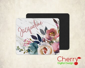 Indigo Gray Marble Look Watercolor Floral Personalized Rubber Mouse Pad