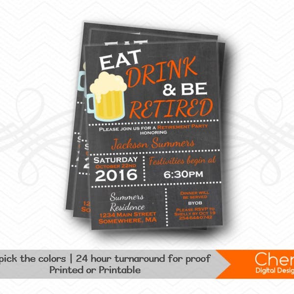 Eat Drink be Retired Retirement Party Invitations.  PRINTED or PRINTABLE Retirement Invite.  Pictured in Orange & White. Beer Mug Masculine