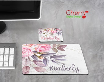 Pink Purple Gray Modern Marble Watercolor Floral 2 piece Personalized Desk Set with Rubber Coaster & Mouse Pad