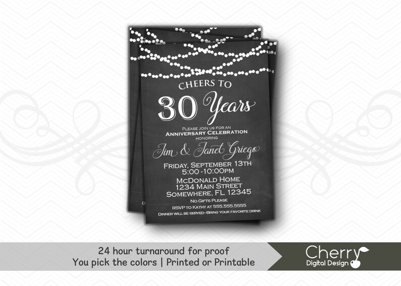 Cheers to 30 Years 30th Anniversary Party Invitations. PRINTED or PRINTABLE Anniversary Invite Chalkboard & white. 40th 50th 60th 20th 25th image 1