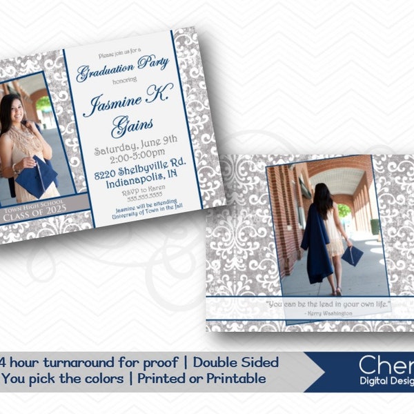 Graduation Announcement Invitation Double Sided | Damask Photo Invitations  | PRINTED or PRINTABLE | Inspirational 2 photo