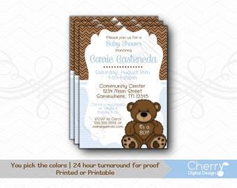 Teddy Bear Baby Shower Invitation for Boy | Printed or Printable Baby Shower Invitations Blue Brown