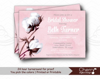 Cotton Bridal Shower Invitation | Printed or Printable | Watercolor cotton