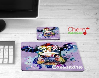 Colorful Cow Watercolor 2 piece Personalized Desk Set with Rubber Coaster & Mouse Pad