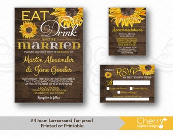 Sunflower Eat Drink & Be Married Rustic Wood Printed or Printable Wedding Invitation Sets | Fall Casual Wedding Suite