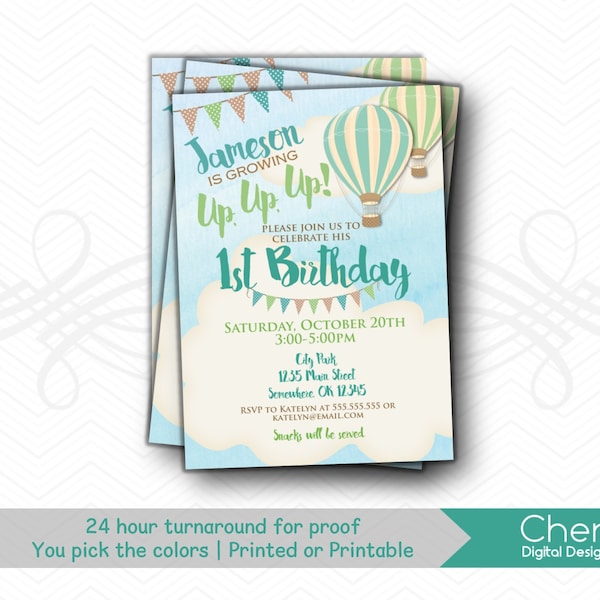 Invitations au premier anniversaire de montgolfière | | d’invitation imprimée ou imprimable Invitation de 1er anniversaire pour garçon