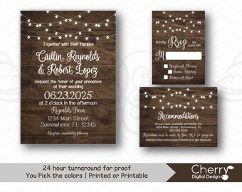Rustic Wood & Lights Wedding Invitation Set | Printed or Printable Invitation Suite | White Wood Background | 3 Piece Set