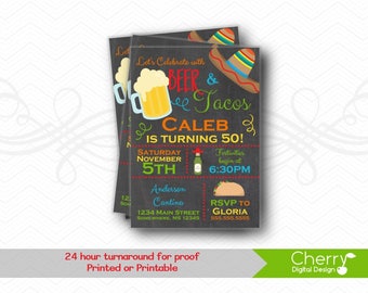 Beer & Tacos Birthday Party Invitations.  Printed or Printable Birthday Celebration.  Fiesta Party Invitations. Sombrero