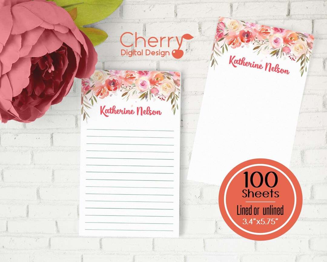 Watercolor Floral Personalized Notepad | Small 3.4" X 5.75" | Office or ...