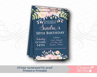 Beautiful Floral 50th Birthday Party Invitations | Printed or Printable Girl Birthday Invitation | Navy Blue Pink Peach