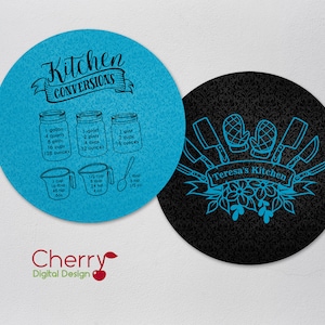 May include: Two round kitchen-themed coasters. One is teal with kitchen conversion measurements and the text "Kitchen Conversions." The other is black with a floral design and the text "Teresa's Kitchen."