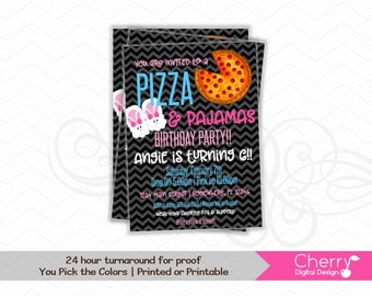 Pizza & Pajamas Girl Birthday Party Invitation | PRINTED or PRINTABLE | Pink Blue Bunny Slippers