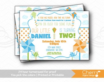 Kite & Pinwheel Boy Birthday Party Invitations | Printed or Printable Invitation | Kids Birthday Invite for Boy | Blue Orange