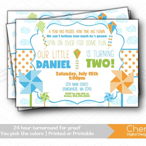 Kite & Pinwheel Boy Birthday Party Invitations | Printed or Printable Invitation | Kids Birthday Invite for Boy | Blue Orange