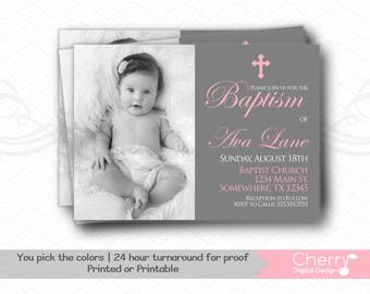 Baby Girl Baptism PRINTABLE or PRINTED InvitationS. Baptism invite with picture.  invitation Pink & White Baptism Invitation. Photo invites