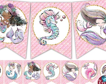 Printable Mermaid Party Banner Instant Digital Download, Birthday Party Supplies