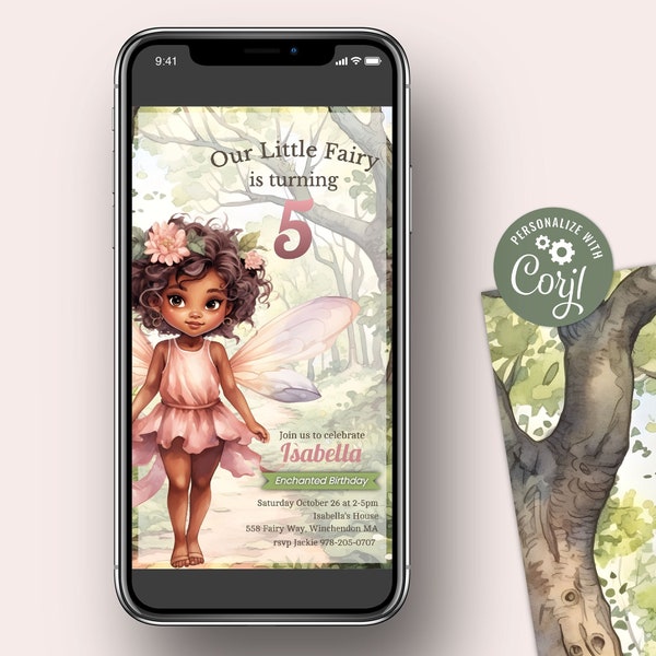 Black Fairy Evite, Mobile Birthday Party Invitation for Girls, Editable Digital Template