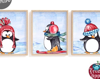 8x10 Set of 5 Printable Penguin Wall Art, Instant Digital Download, Christmas Decor