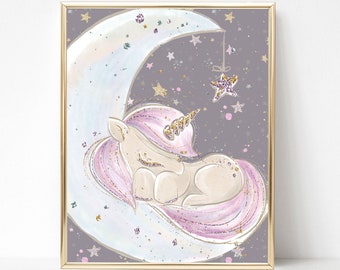 Sleeping Unicorn on Moon Printable Wall Art, Instant Digital Download, For Nursery, Girls Room, or Birthday Party