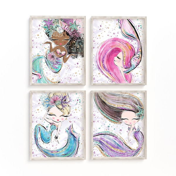 Set of 4 Printable Purple Mermaid Wall Art, Instant Digital Download, For Nursery, Girls Room, or Birthday Party