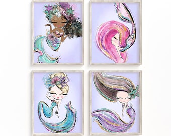 Set of 4 Printable Purple Mermaid Wall Art Instant Digital | Etsy