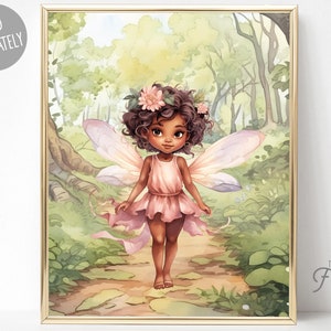 Black Fairy Art Print, Digital Printable Watercolor for Nursery, Girls ...