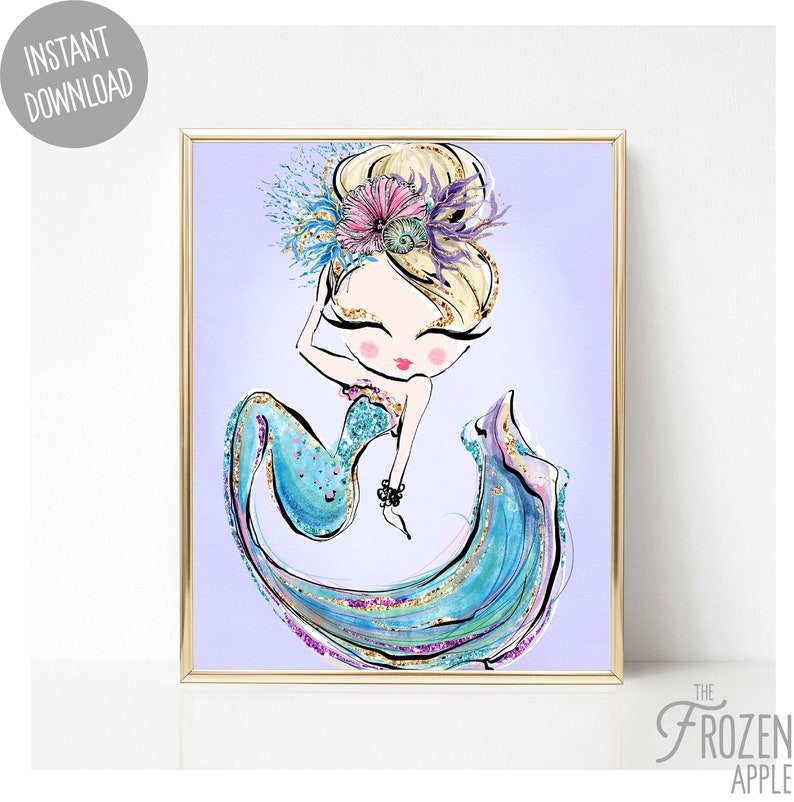 Set of 4 Printable Purple Mermaid Wall Art Instant Digital Etsy