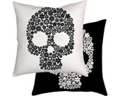 Skull Cushion, Monochrome Pillow, Flower, Black And White Decor