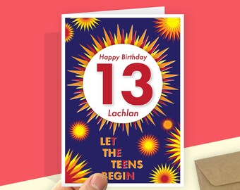 Personalised 13th Birthday Card, Let The Teens Begin, Custom Name