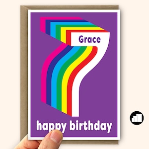 Carte personnalisée du 7e anniversaire pour garçon pour fille Carte arc-en-ciel du 7e anniversaire pour fils fille Grande carte et options de message