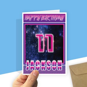 Personalised 11th birthday card for boy son brother Synthwave space theme Large card option