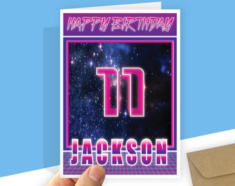 Personalised 11th birthday card for boy son brother Synthwave space theme Large card option