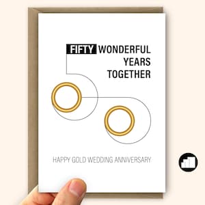 Biglietto d'auguri per il 50° anniversario di matrimonio in oro per marito, moglie o genitori. 50 meravigliosi anni insieme. Opzioni per biglietti grandi e messaggi.
